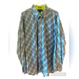 Tommy Hilfiger VTG Criss Cross Long Sleeve Button Dress Shirt  XL EUC Blue Green